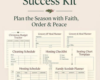 May include: Printable Holiday Hosting Success Kit with various planning templates. Includes a Christmas budget tracker, grocery and meal planners, cleaning schedule, hosting checklist, and family schedule planner. The kit is 8 pages.