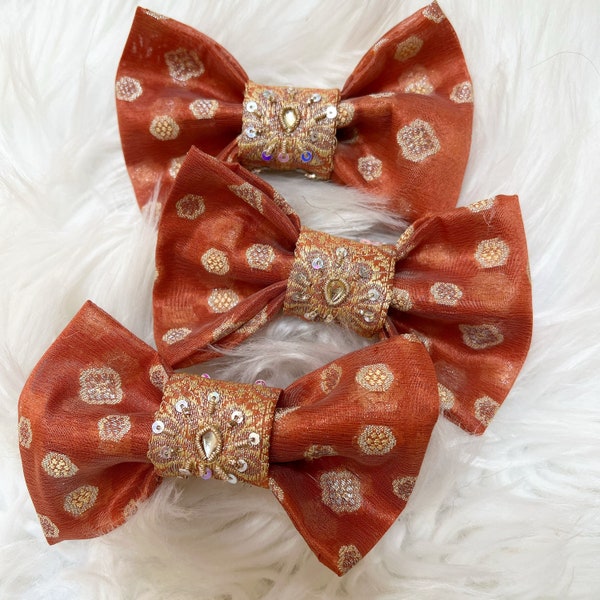 Recycled Saree Handmade Desi Dog Bow Tie Holiday Gift for Dog Pet Wedding Wear Orange