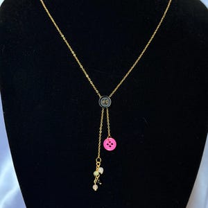 Black Button Bolo Necklace with Rose quartz, jade & pink button Charm | Adjustable Gemstone Statement Necklace | Whimsical Dark Academia Jew
