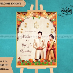 Indian Theme Wedding Welcome Sign, Indian Wedding Signage board, Hindu Wedding Welcome Sign, Royal Welcome Sign, Orange Floral Welcome Signs