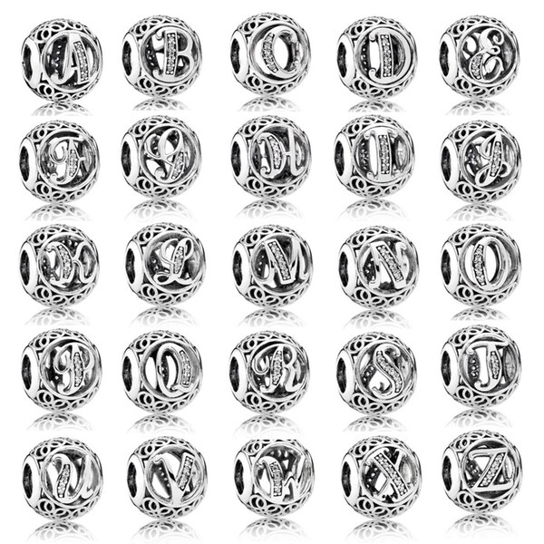 26 lettres de charme de A à Z, 100% 925 zircone cubique en argent sterling, breloque pour bracelet, initiale du nom