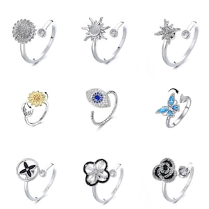 Rotating Fidget Ring, Anxiety Ring, Evil Eye, Sunflower, Rose, Butterfly, Clover Ring, ADHD Ring, Anti Stress Ring,Gift For Her