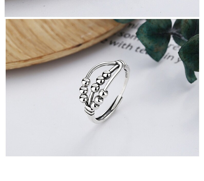 Lynizo Anti Stress Ring 925 Sterling Silber - Verstellbarer Anxiety Ring Mit Drehbaren Perlen