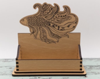 Engraved Koi Fish Business Card Holder: Ecobirch Wood Desk Decor
