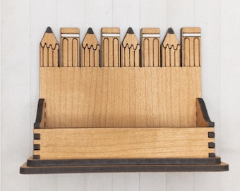 Pencil Business Card Holder, Cherry Wood Teacher Desk Decor, Personalized Gift