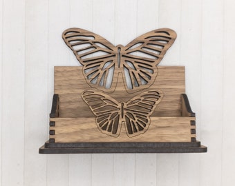 Butterfly Business Card Holder: Walnut or Cherry Wood Desk Organizer