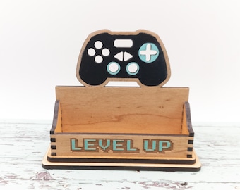 Video Game Controller Business Card Holder: Birch Wood Desk Organizer