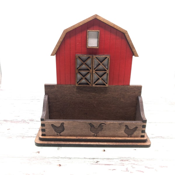 Big Red Barn Business Card Holder for desk, Farm Desk Card Holder, Barn with Chickens, great gift for Farmer or Livestock veterinarian.