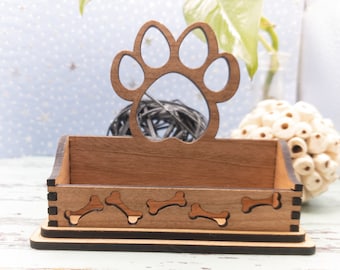 Paw Print Business Card Holder: Walnut or Cherry Wood Desk Organizer