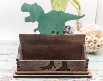 T-Rex Business Card Holder: Wooden Dinosaur Desk Organizer