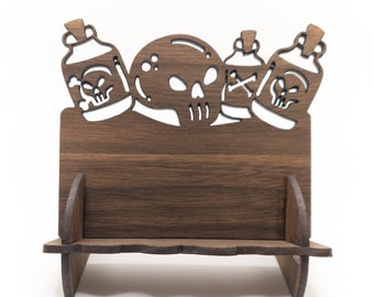 Business Card Holder for desk, Skulls and Potions Desk Card Holder, wooden card holder, Business card stand, Gift for him, Alchemy