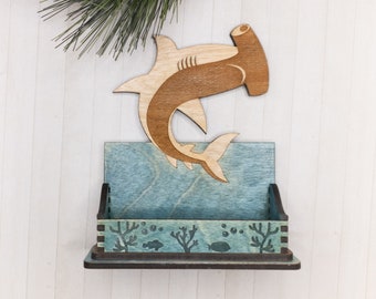 Hammerhead Shark Business Card Holder: Wooden Desk Organizer, Ocean Lover Gift