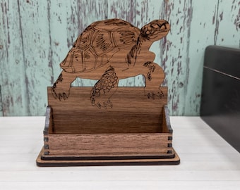 Laser Cut Wooden Tortoise Business Card Holder: Rustic Desk Organizer