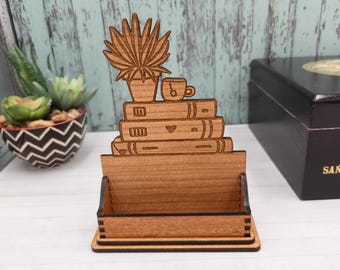 Personalized Book Lover Business Card Holder: Wooden Desk Organizer