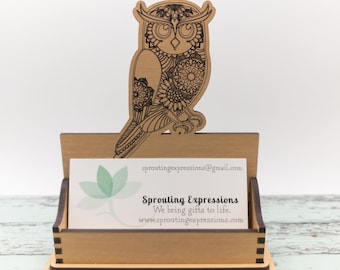 Engraved Owl Business Card Holder: Personalized Desk Decor