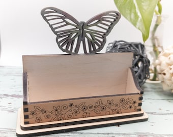 Butterfly Business Card Holder: Floral Desk Decor, Personalized Wood Display