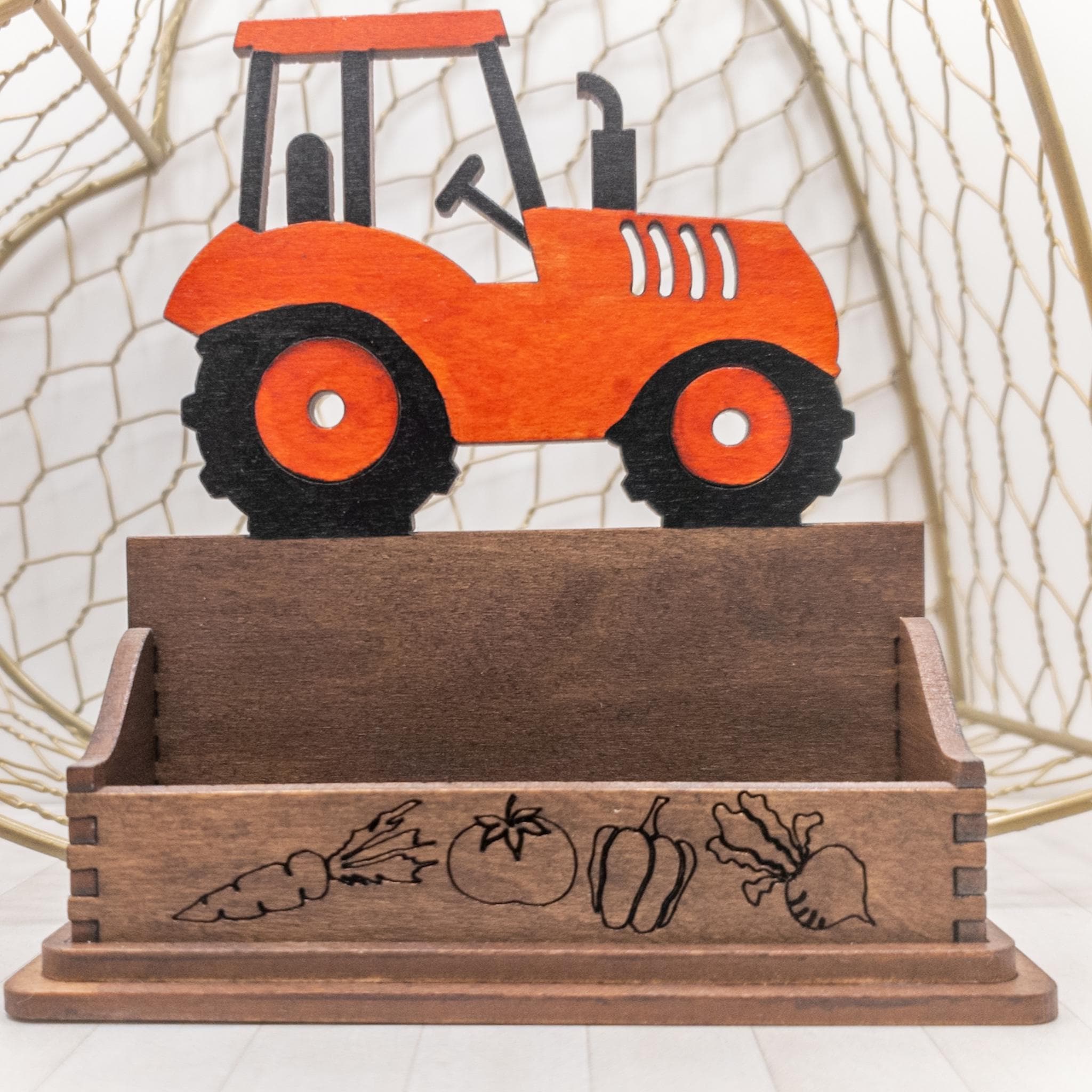 Farm Tractor Business Card Holder: Birch Wood Desk Organizer