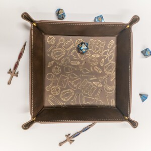Engraved Leatherette DnD Dice Tray | Snap-Up Tray with DnD Design | Vanity Tray, Trinket Tray, or Gaming Accessory | Gift for DnD Fans