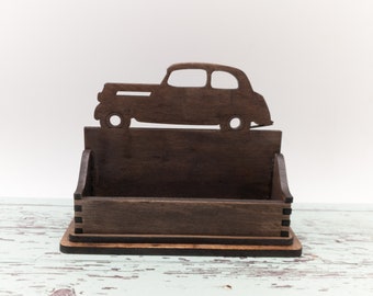 Classic Car Business Card Holder: Engraved Birch Wood Desk Organizer