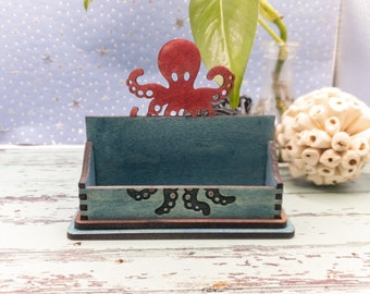 Octopus Business Card Holder: Engraved Birch Wood Ocean Desk Decor