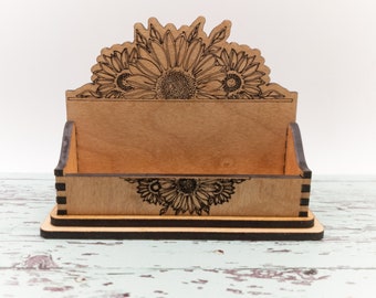 Sunflower Business Card Holder: Engraved Birch Wood Desk Organizer