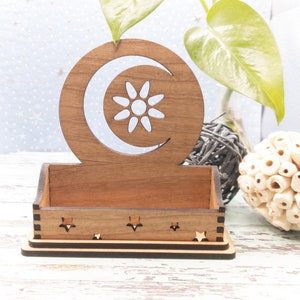 Celestial Visitenkartenhalter für Schreibtisch, Schreibtischkartenhalter, Mond und Sterne Geschenk für Büro, personalisierte Holz-Desktop-Kartenanzeige