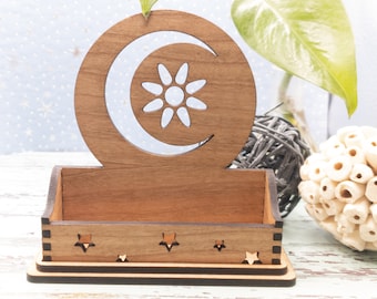 Celestial Business Card Holder for desk, Desk Card Holder, Moon and stars Gift for office, personalized wooden desktop card display