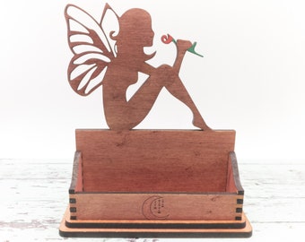 Fairy Smelling Rose Business Card Holder: Engraved Moon, Birch Wood Desk Decor