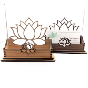 Porte-cartes de visite pour bureau, fleur de lotus en noyer, porte-cartes de bureau, mandala floral, cadeau pour le bureau