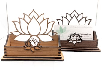 Laser Cut Wood Lotus Business Card Holder - Engraved Desk Organizer