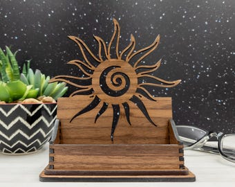 Handcrafted Wooden Business Card Holder: Sun Design, Walnut or Cherry