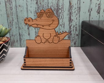 Personalized Alligator Business Card Holder: Fun Wooden Desk Organizer