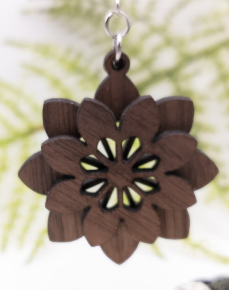 Layered Flower Handmade Laser Cut dangle earrings walnut wood veneer Very Lightweight