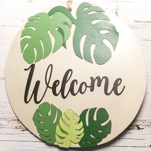 Monstera Welcome sign, Tropical Door Hanger, 3D dimensional wall hanging
