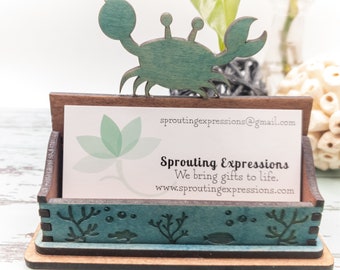 Personalized Blue Crab Business Card Holder: Coastal Desk Decor