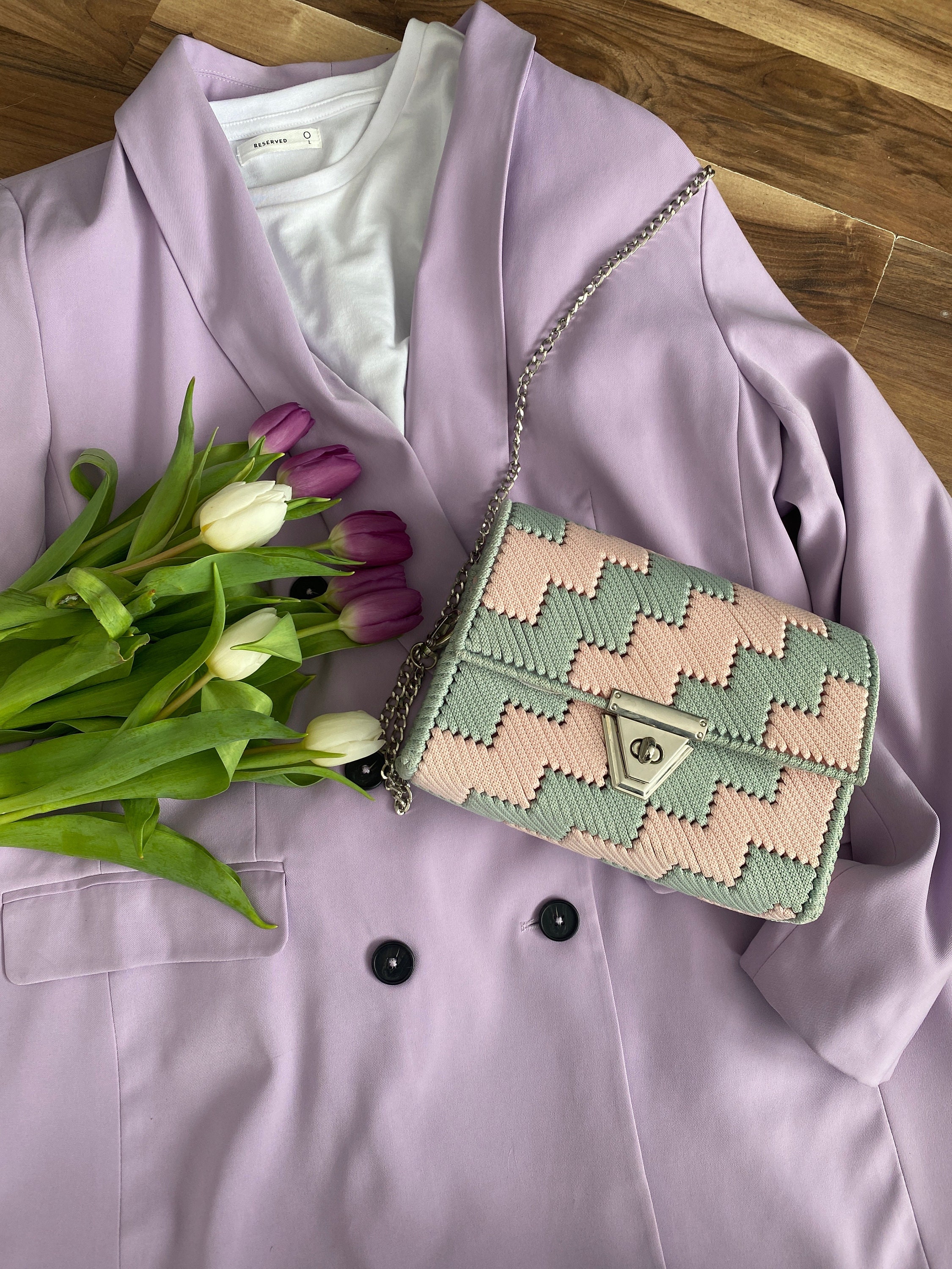 Handmade Pink Mint Clutch Bag for Weddings & Parties Crochet Luxury