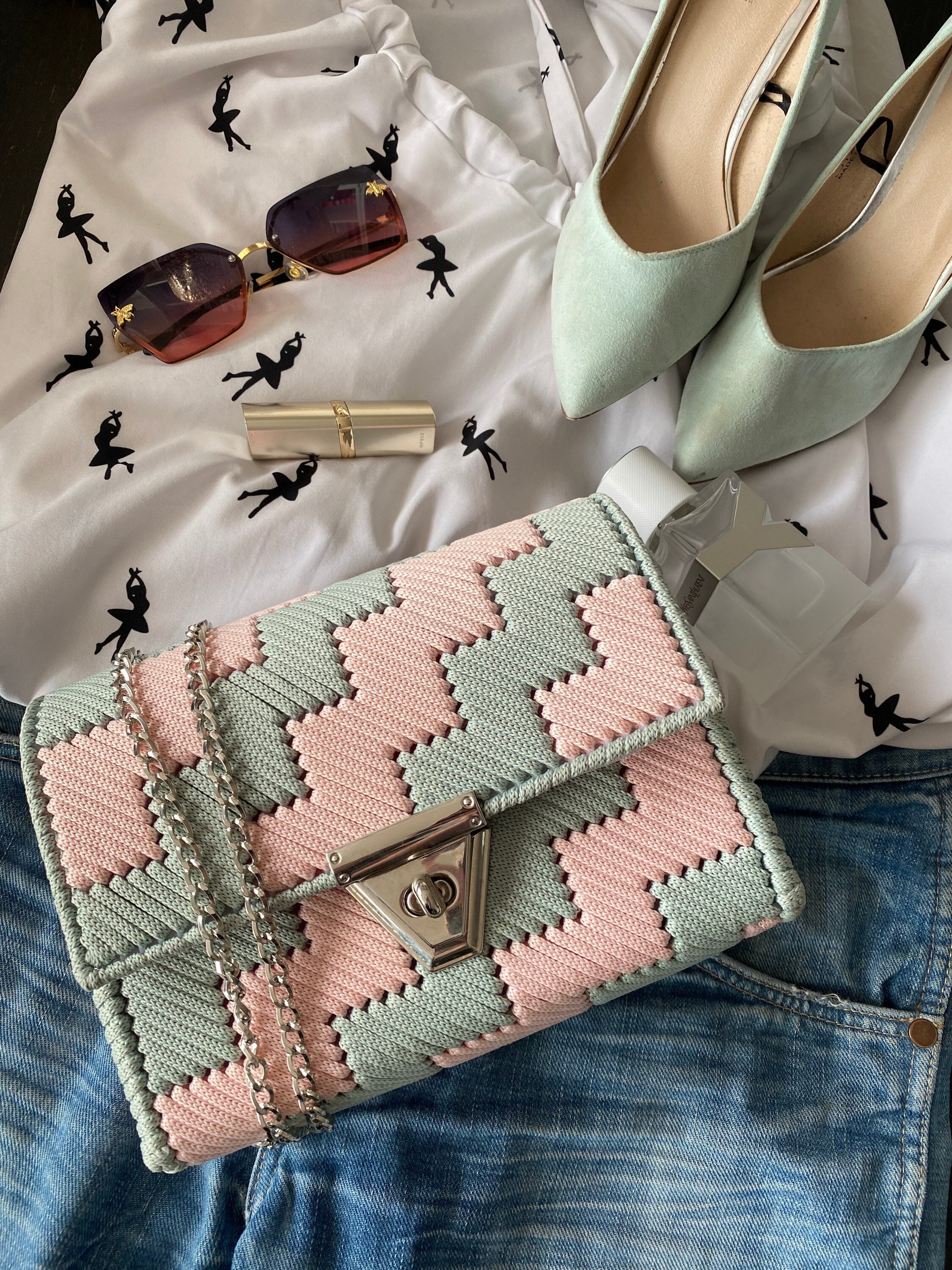 Handmade Pink Mint Clutch Bag for Weddings & Parties Crochet Luxury