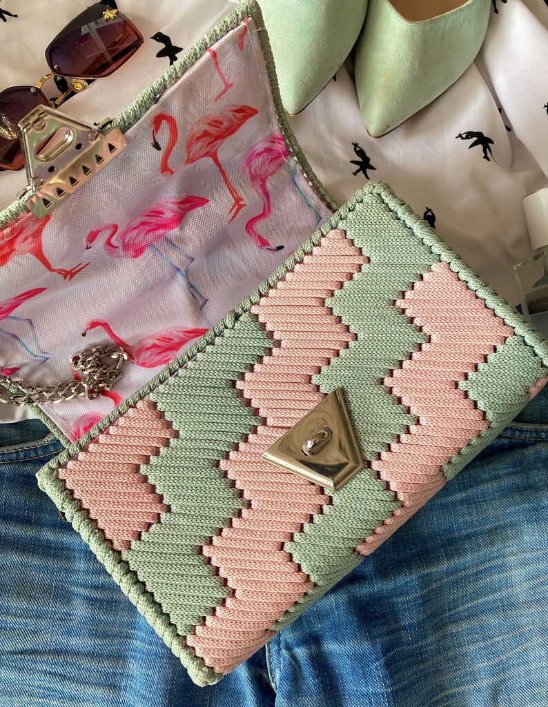 Handmade Pink Mint Clutch Bag for Weddings & Parties Crochet Luxury