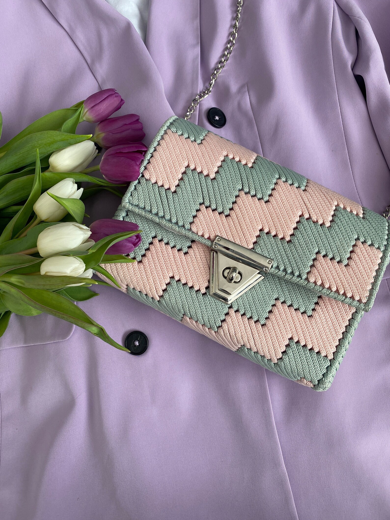 Handmade Pink Mint Clutch Bag for Weddings & Parties Crochet Luxury