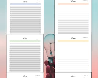 May include: Six printable note pages with different coloured header bars. The header bars are light blue, peach, light green, yellow, lavender, and light green. Each page has the word "Notes" at the top and a space for the date.
