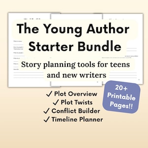 Op de afbeelding: De Young Author Starter Bundle, hulpmiddelen voor het plannen van verhalen voor tieners en nieuwe schrijvers. Inclusief Plot Overview, Plot Twists, Conflict Builder en Timeline Planner. Bevat meer dan 20 afdrukbare pagina's.