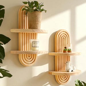 Boho Wooden Wall Shelves for Living Room & Bathroom, Geometric Wall Mounted Storage Rack, Modern Natural Wood Display Shelf