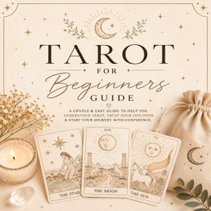 May include: A tarot card set with a guide titled "TAROT FOR BEGINNERS". The cards feature illustrations of "The Star", "The Moon", and "The Sun". A small beige bag with a crescent moon design is also included. A lit candle and flowers are in the background.