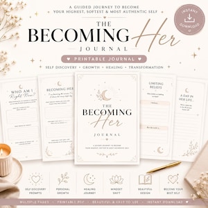 May include: A digital printable journal titled "The Becoming Her Journal" with a soft, neutral color palette. The cover features elegant script and a crescent moon design. The journal promises self-discovery, growth, and healing. Includes prompts and space for reflection.