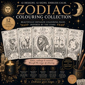 Könnte beinhalten: Eine Zodiac-Malbuch-Kollektion mit 12 einzigartigen handgezeichneten Designs. Das Bild zeigt detaillierte Illustrationen von Tierkreiszeichen, darunter Widder, Stier, Löwe, Waage und Fische. Die Kollektion ist für Entspannung und Kreativität konzipiert.
