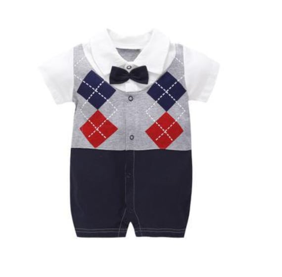 Baby Boys Little Gent Formal Outfit Diamond Bodysuit Shirt Bow Tie & Trousers 