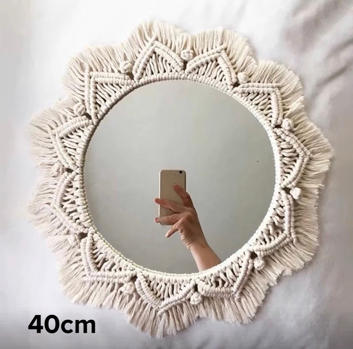 Mkono Hanging Wall Mirror With Macrame Fringe Round Boho Mirror Art