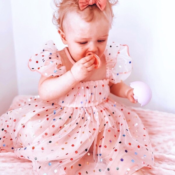 TOFFY HOUSE Baby Girls Pink Polka Dot Party Dress – Soft Layered Frock (9 Months to 3 Years)