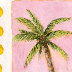 May include: A painting of a palm tree with green leaves and a brown trunk against a pink background.