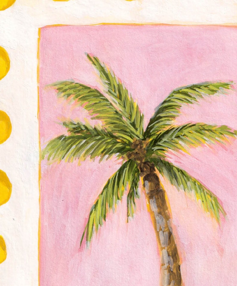 May include: A painting of a palm tree with green leaves and a brown trunk against a pink background.